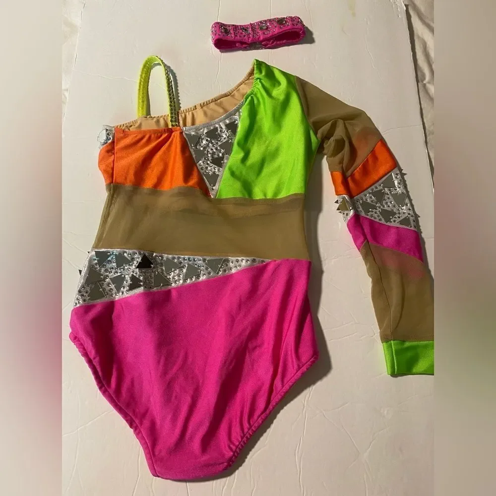 Glamour dance solo leotard costume neon color blocked illusion LC-large child